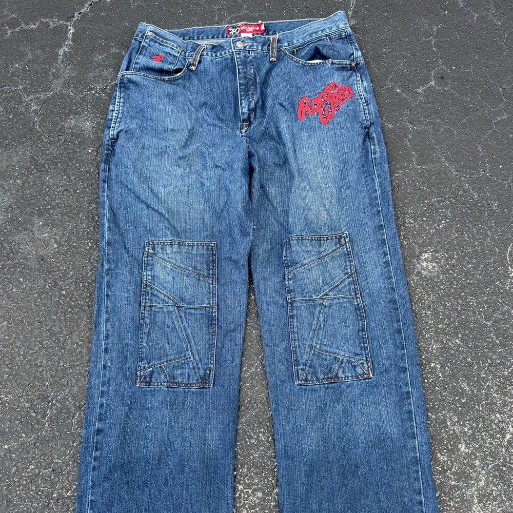 Y2K Rocawear Embroidered Double knee Style Denim Baggy Jeans Hip Hop Rap 40 Mens